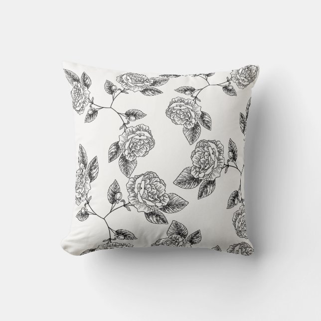 Elegant Black Floral Damask Chic Modern Cushion (Front)
