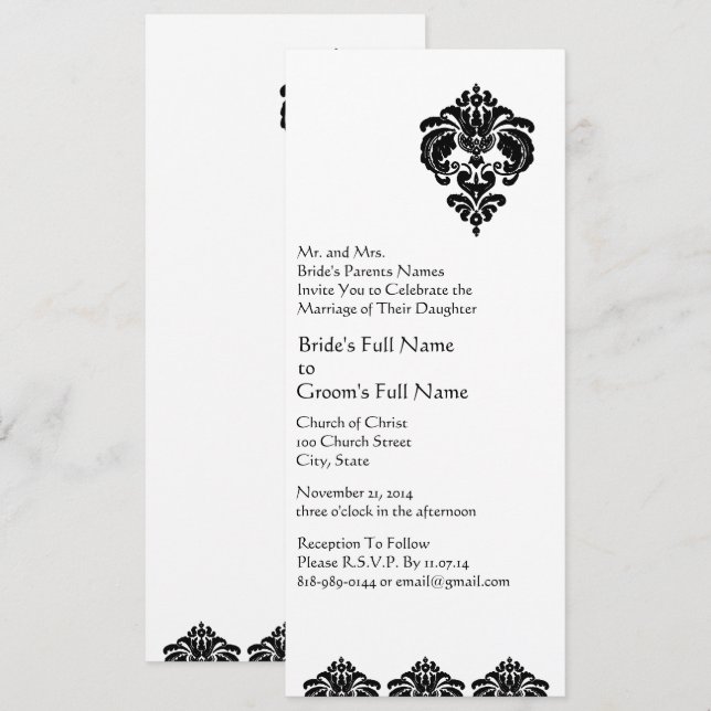 Elegant Black Floral Damask Wedding Invitation (Front/Back)