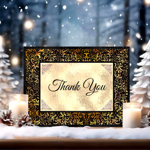 Elegant black floral faux gold Christmas Thank You Card