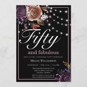 Elegant Black Floral Fifty and Fabulous Birthday Invitation