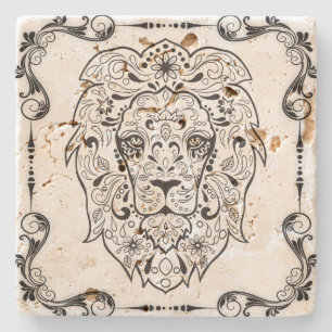Elegant Black  Floral Frame Lion Sugar Skull 2 Stone Coaster