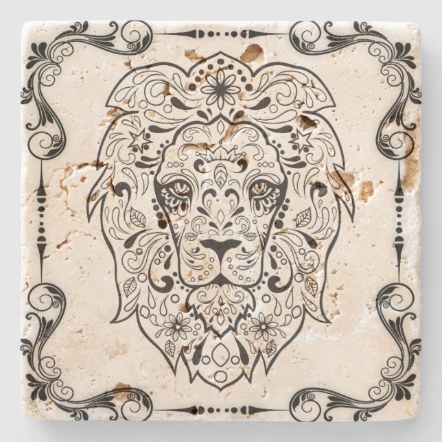 Elegant Black  Floral Frame Lion Sugar Skull 2 Stone Coaster (Front)