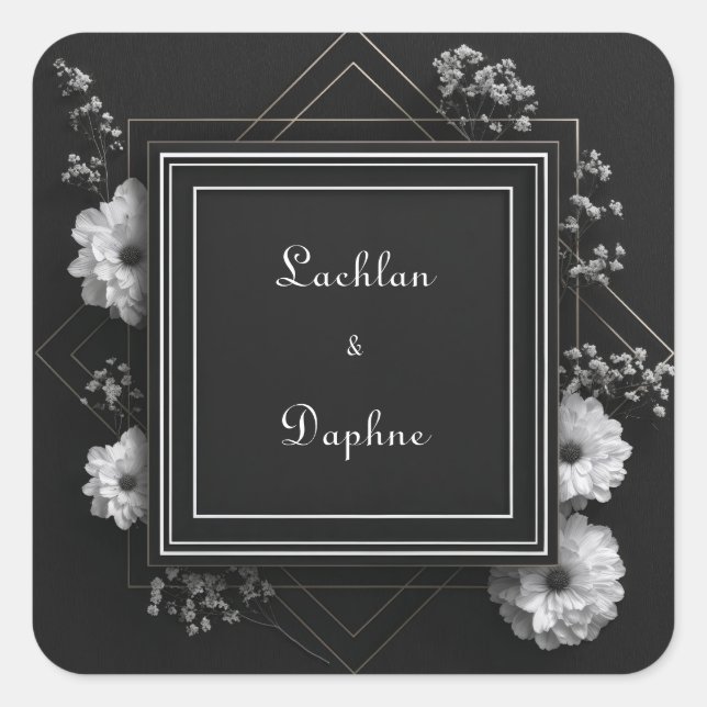 Elegant Black Floral Frame White Daisies Wedding Square Sticker (Front)
