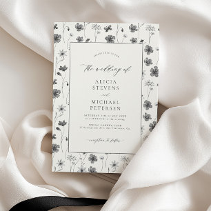Elegant black floral garden ivory cream wedding invitation