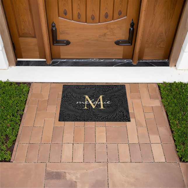 Elegant Black Floral Gold Monogram Doormat (Outdoor)