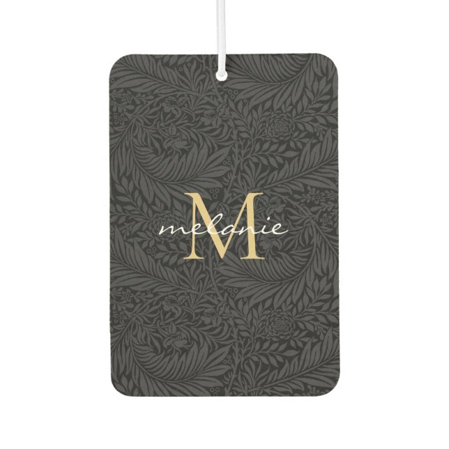 Elegant Black Floral Gold Script Monogram Car Air Freshener (Front)