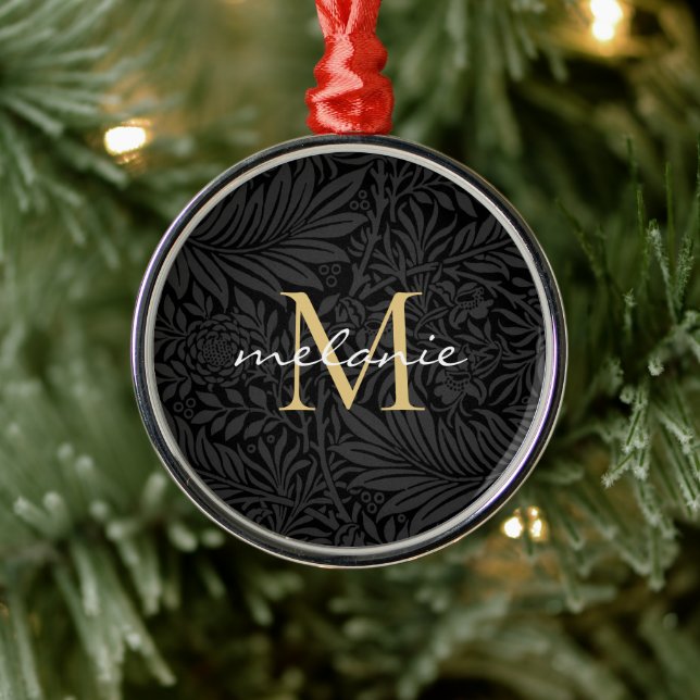 Elegant Black Floral Gold Script Monogram Metal Tree Decoration (Tree)