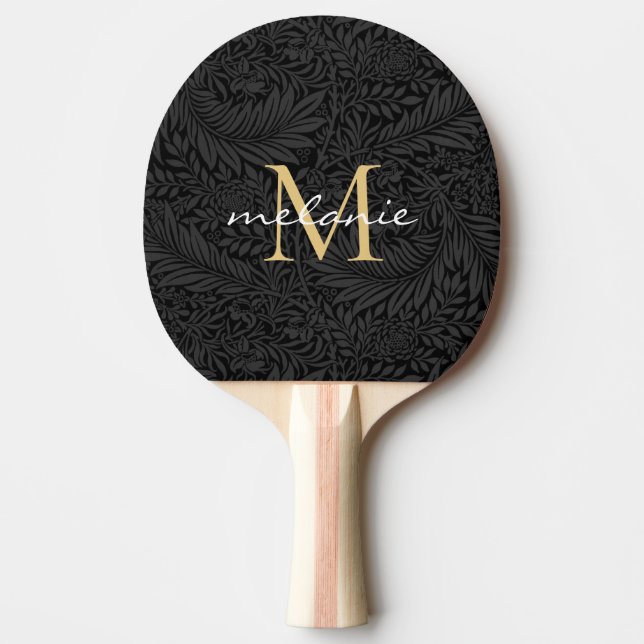 Elegant BlacK Floral Gold Script Monogram Ping Pong Paddle (Front)