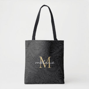 Elegant Black Floral Gold Script Monogram Tote Bag