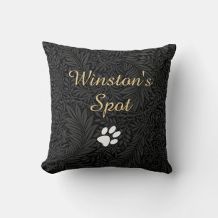 Elegant Black Floral Gold Script Pet Name Cushion
