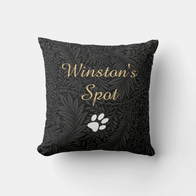 Elegant Black Floral Gold Script Pet Name Cushion (Front)