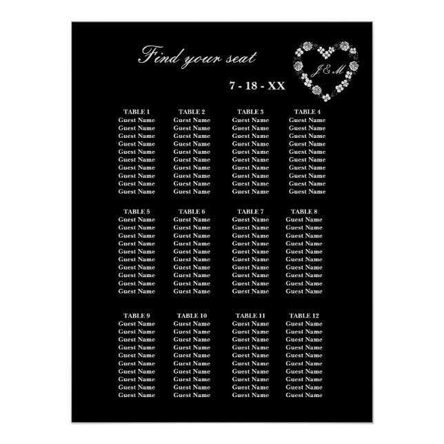 Elegant Black Floral Heart 12 Tables Wedding Seati Poster (Front)