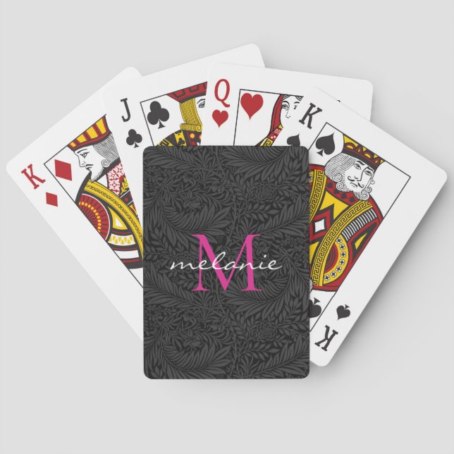 Elegant Black Floral Hot Pink Script Monogram Playing Cards (Back)