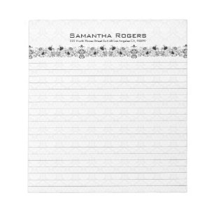 Elegant Black Floral Lace And White Damasks 2 Notepad