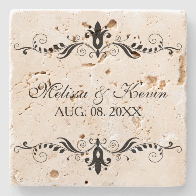 Elegant Black Floral Lace Swirls Frame Stone Coaster (Front)