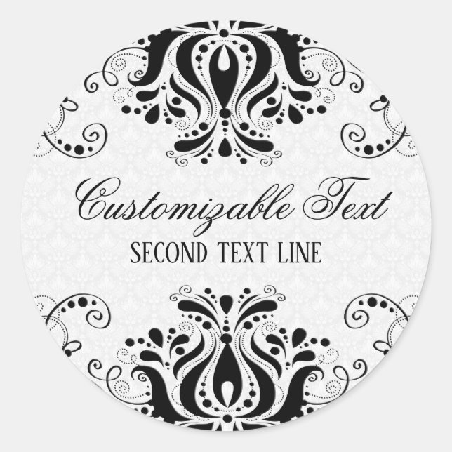 Elegant Black Floral Lace & White Damasks Classic Round Sticker (Front)