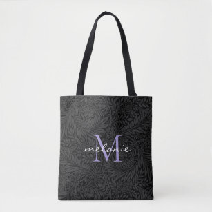 Elegant Black Floral Lavender Script Monogram Tote Bag