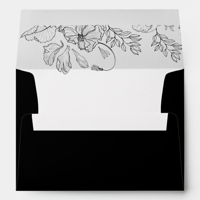 Elegant Black Floral Line Art Wedding Envelope (Back (Bottom))