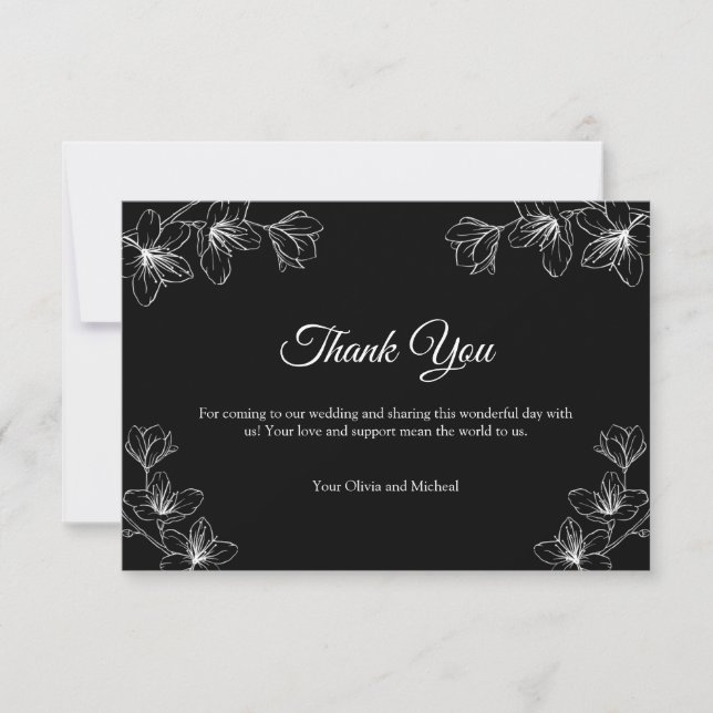 Elegant Black Floral Line Art Wedding  Thank You Card (Front)