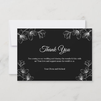 Elegant Black Floral Line Art Wedding  Thank You Card