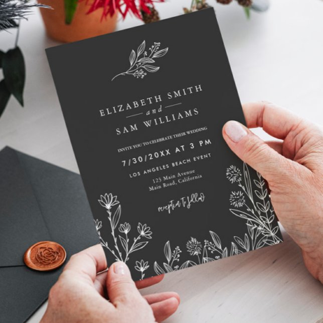 Elegant Black Floral Minimal Simple Wedding  Invitation (Creator Uploaded)