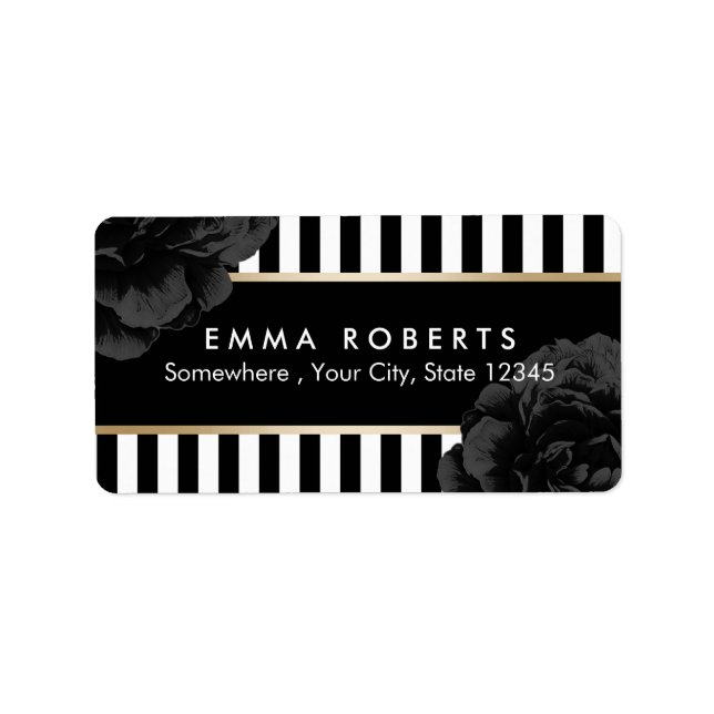 Elegant Black Floral Modern Black & White Stripes Label (Front)