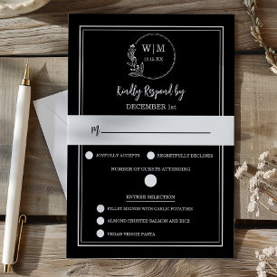 Elegant Black Floral Monogram Response Card