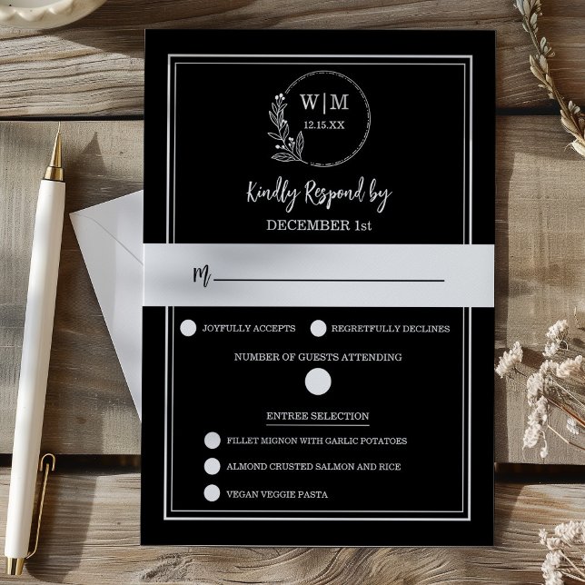 Elegant Black Floral Monogram Response Card (Elegant Black Floral Monogram RSVP Wedding Response Card)