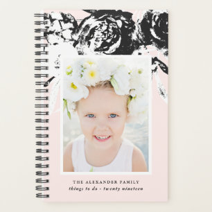 Elegant Black Floral on Blush with Name and Photo Planner
