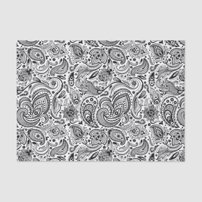 Elegant Black Floral Paisley White Background 3 Tissue Paper (Front)