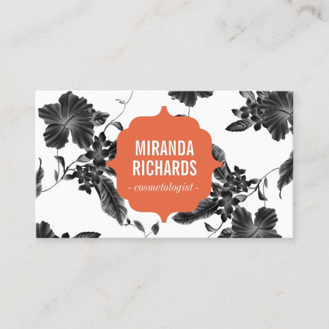 Elegant Black Floral Pattern Beauty Business Card (Front)