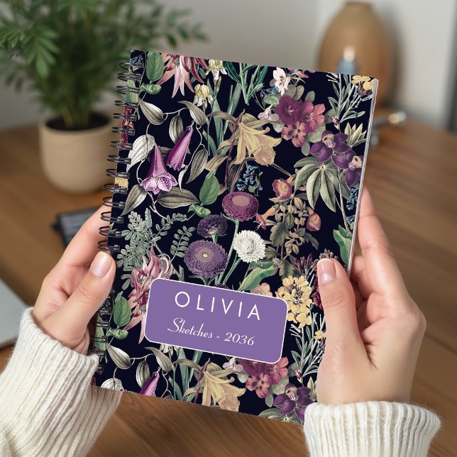 Elegant Black Floral Pattern Flowers Leaves Notebook (Creator Uploaded)