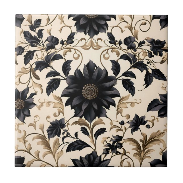 Elegant Black Floral Pattern Tile (Front)