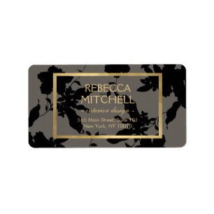 Elegant Black Floral Pattern with Gold Accents Label