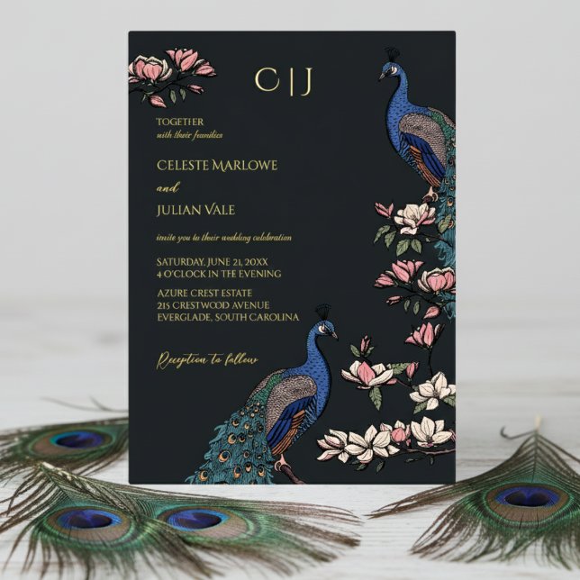 Elegant Black Floral Peacock Wedding (Elegant Black Wedding Invitations. Trendy Boho Floral Blue Peacock, Teal Feathers, Magnolia Flowers)