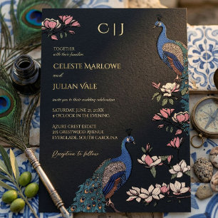 Elegant Black Floral Peacock Wedding Gold