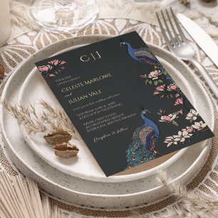 Elegant Black Floral Peacock Wedding Gold