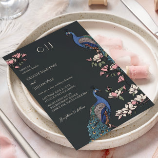 Elegant Black Floral Peacock Wedding Invitation