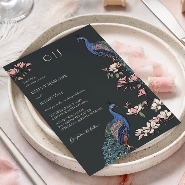 Elegant Black Floral Peacock Wedding Invitation (Modern Rustic Black Wedding Invitations. Hand-Drawn Blue Peacocks Perched on Magnolia Branches.)