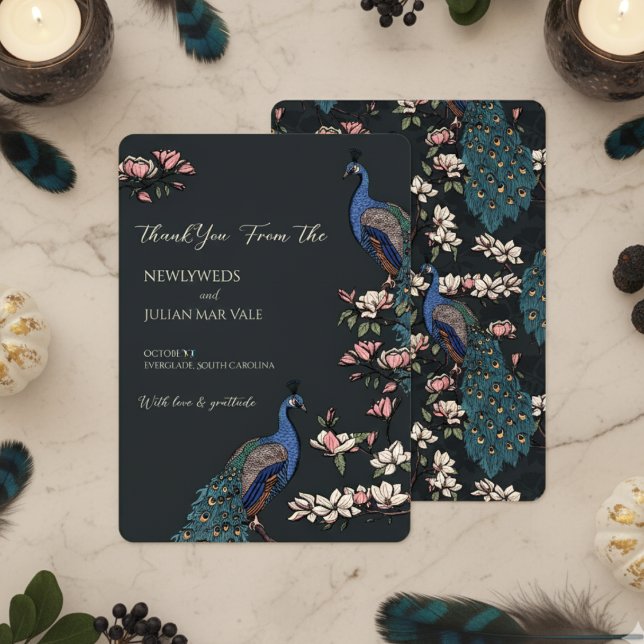 Elegant Black Floral Peacock Wedding Save The Date (Black Peacock Save the Dates for Modern Bird Wedding. Vintage Floral Peacock Chinoiserie Engagement )