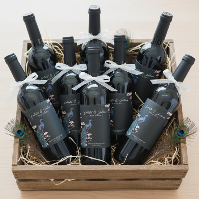 Elegant Black Floral Peacock Wedding Wine Labels (Elegant Teal Peacock Wedding Wine Bottle Labels. Rustic Blue & Teal Peacock Bird & Magnolia Flowers)