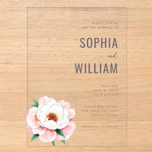 Elegant Black Floral Peony Acrylic Invitations (Front)