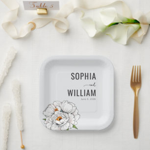 Elegant Black Floral Peony Paper Plate