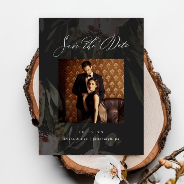 Elegant Black Floral Photo Wedding Save the Date Postcard (Creator Uploaded)