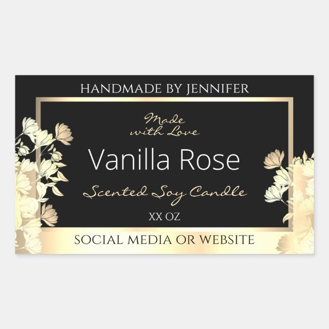 Elegant Black Floral Product Packaging Labels Gold (Front)