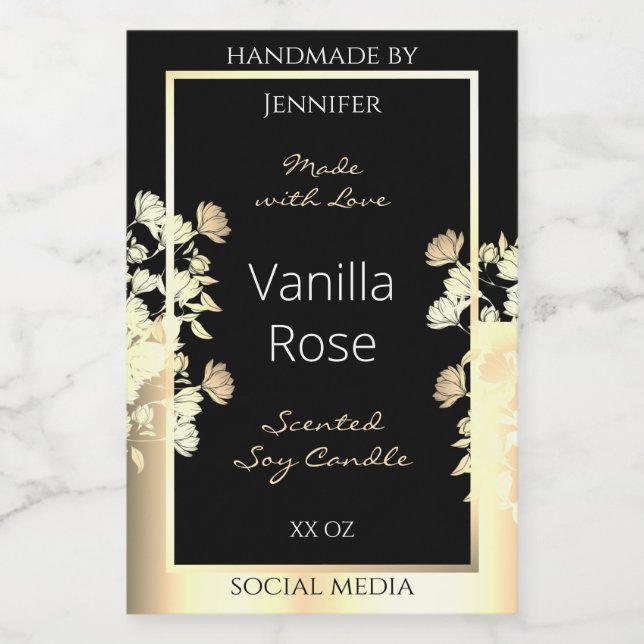 Elegant Black Floral Product Packaging Labels Gold (Single Label)