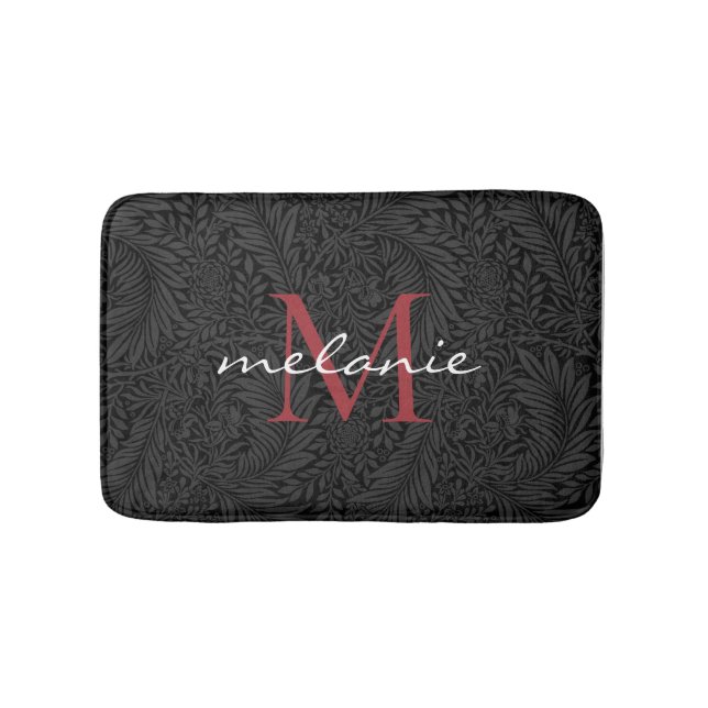 Elegant Black Floral Red Script Monogram Bath Mat (Front)
