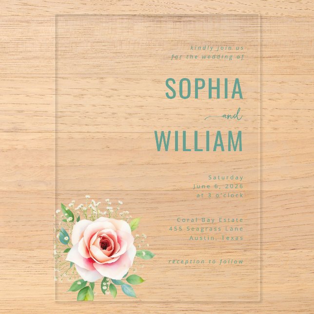 Elegant Black Floral Rose Acrylic Invitations (Front)