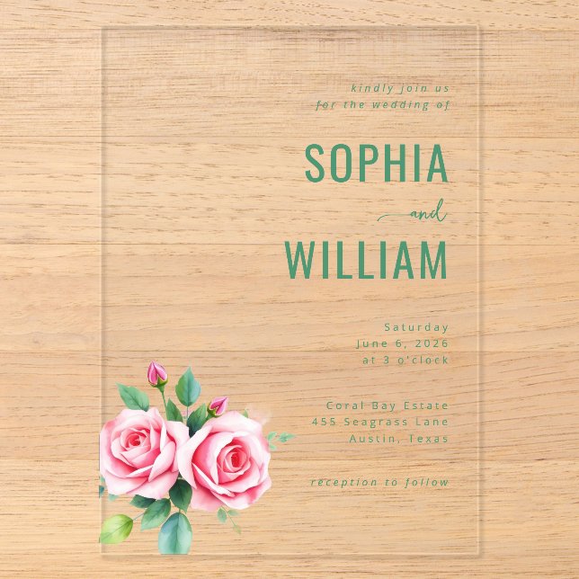 Elegant Black Floral Roses Acrylic Invitations (Front)