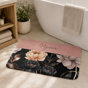 Elegant Black Floral Roses Pattern Monogram Blush Bath Mat